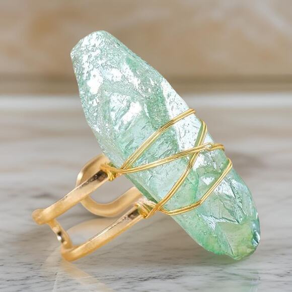 New Green Quartz Crystal Stone Wire Wrap Gold Adjustable Ring Natural Gemstone - Picture 2 of 2